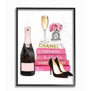 CHANEL, HERMES, DIOR Framed Feminine Girly Pink Black White Painting Wall Decor